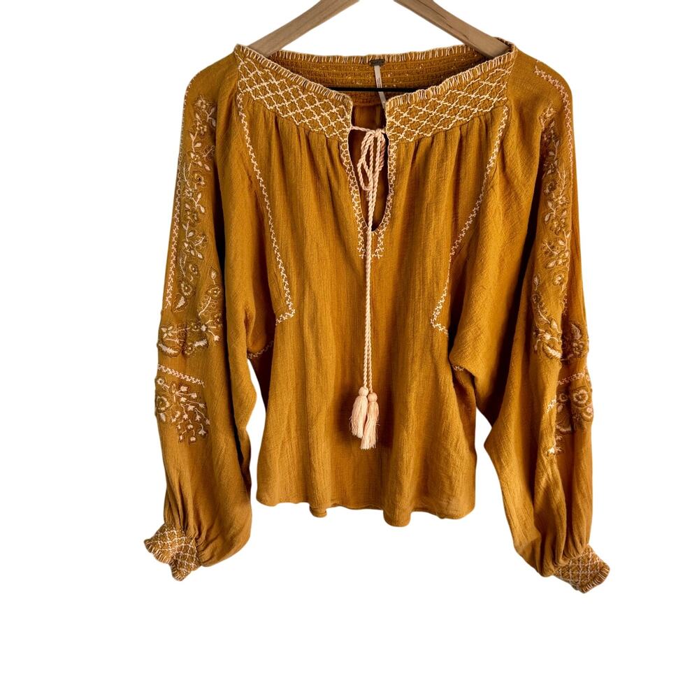 Free People Notting Hill Peasant Top with Tassels Mustard Yellow Size Small